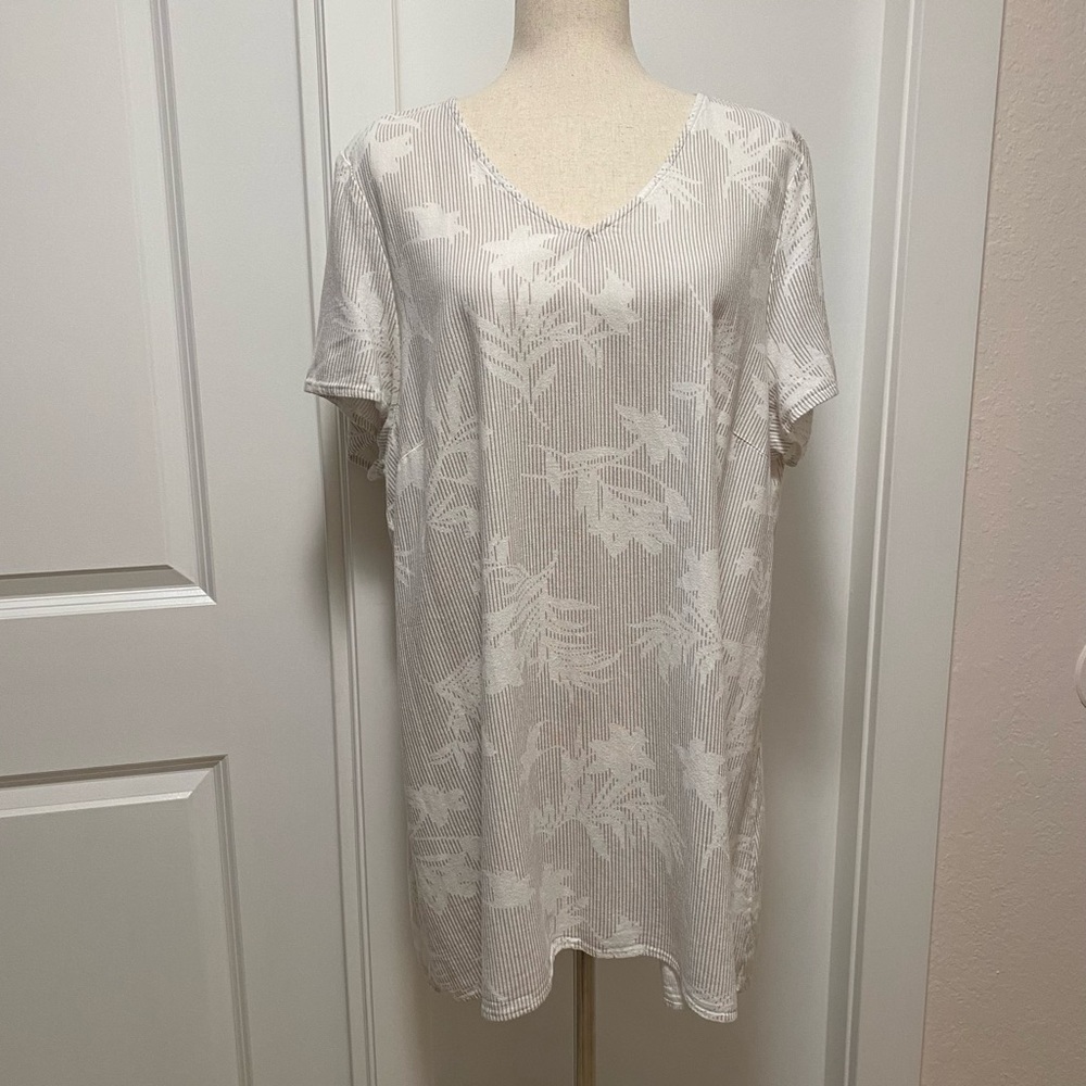 Arna York Linen Blend Tunic Top 2X Lagenlook Floral Stripes Short Sleeves 18/20